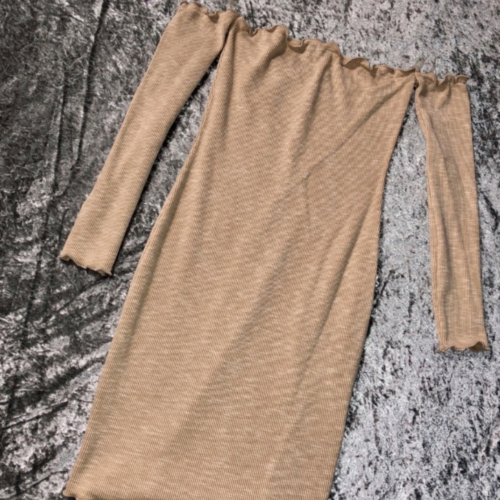 Cream ribbed off shoulder mini dress